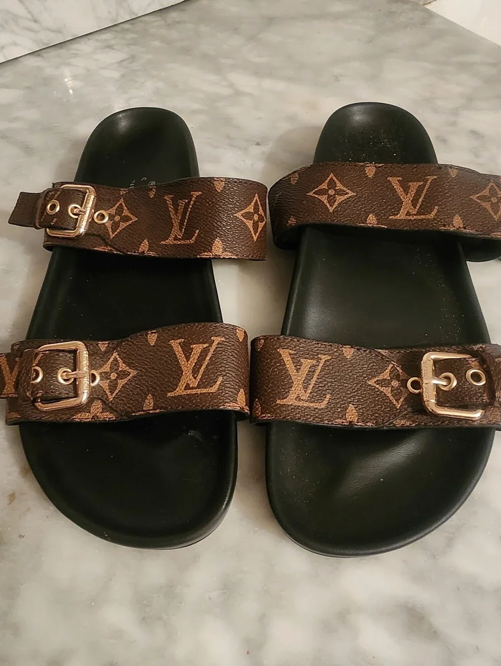 Louis Vuitton Monogram Double Buckle Slide Sandals. Fits 8.5-9 shoe size!